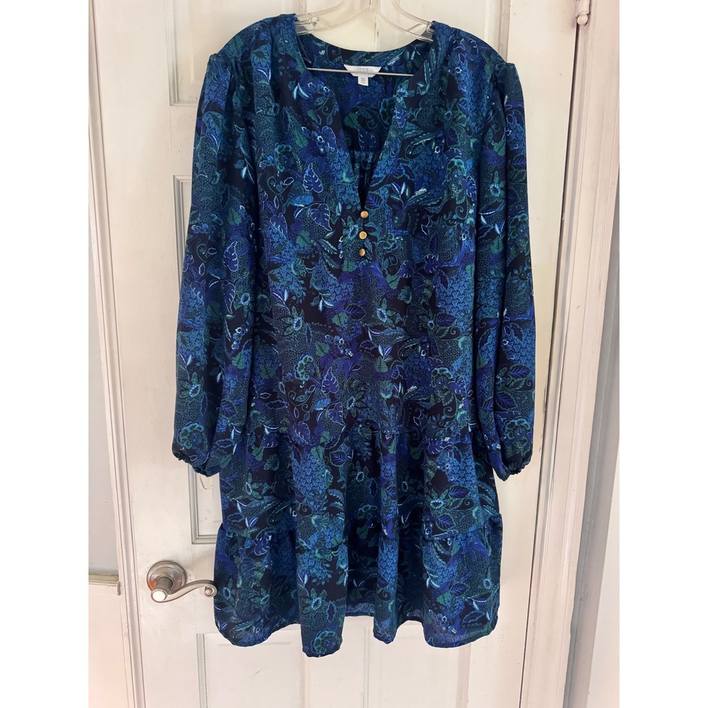 Time and Tru Womens XXL Blue Green Paisley Floral Tiered Mini Dress Long Sleeve